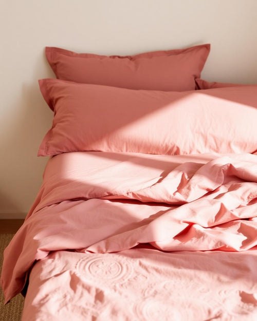 Percale Bed Sheet Set in Mauve on a styled bed