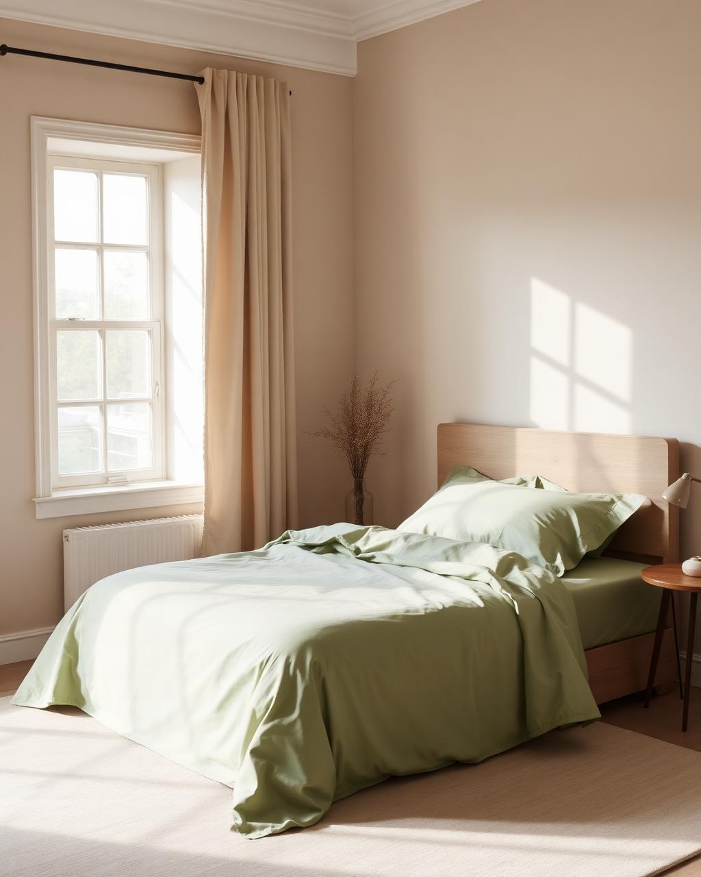 Percale Bed Sheet Set in Sage on a styled bed