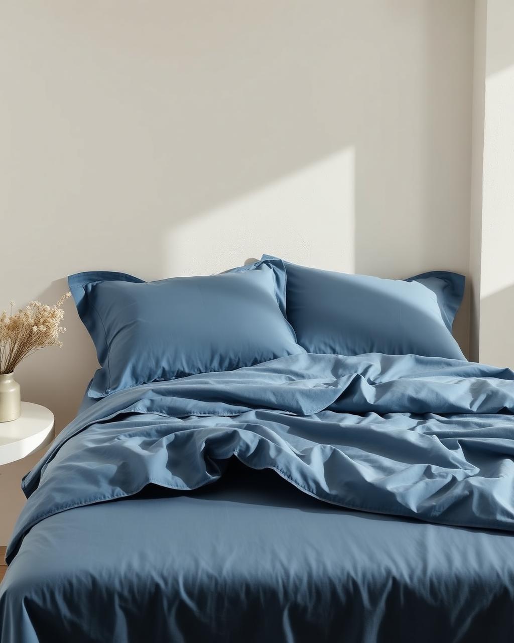 Percale Bed Sheet Set in Slate Blue on a styled bed