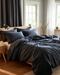 Sateen Duvet Cover in Charcoal Grey on bed