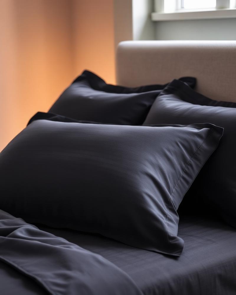Sateen Pillowcase Set in Charcoal Grey on bed