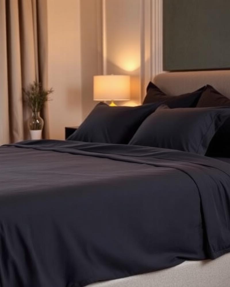 Sateen Bed Sheet Set in Charcoal Grey on bed