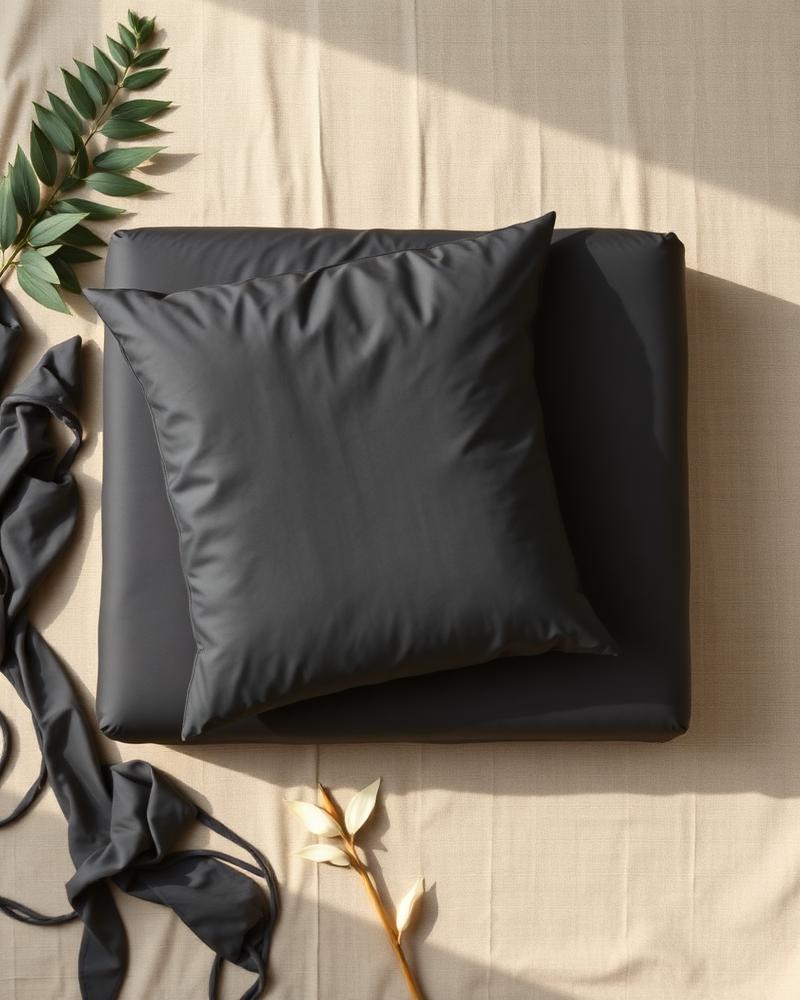 Charcoal grey sateen sheet set flat lay