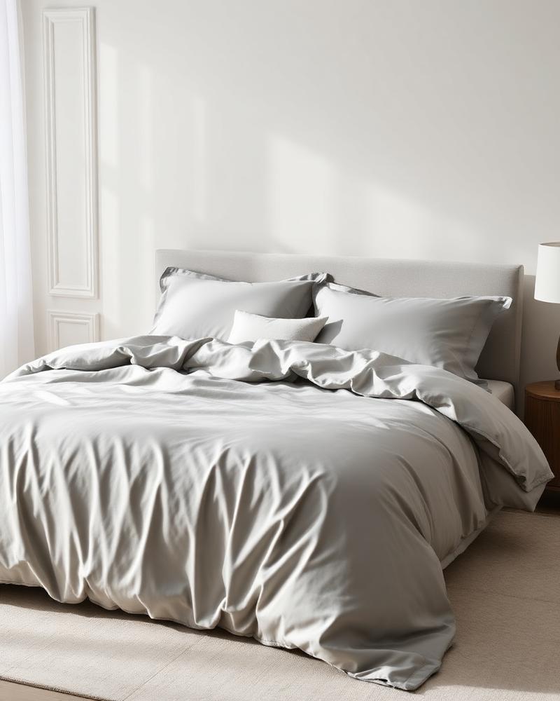 Sateen Duvet Cover in Mist Grey on bed