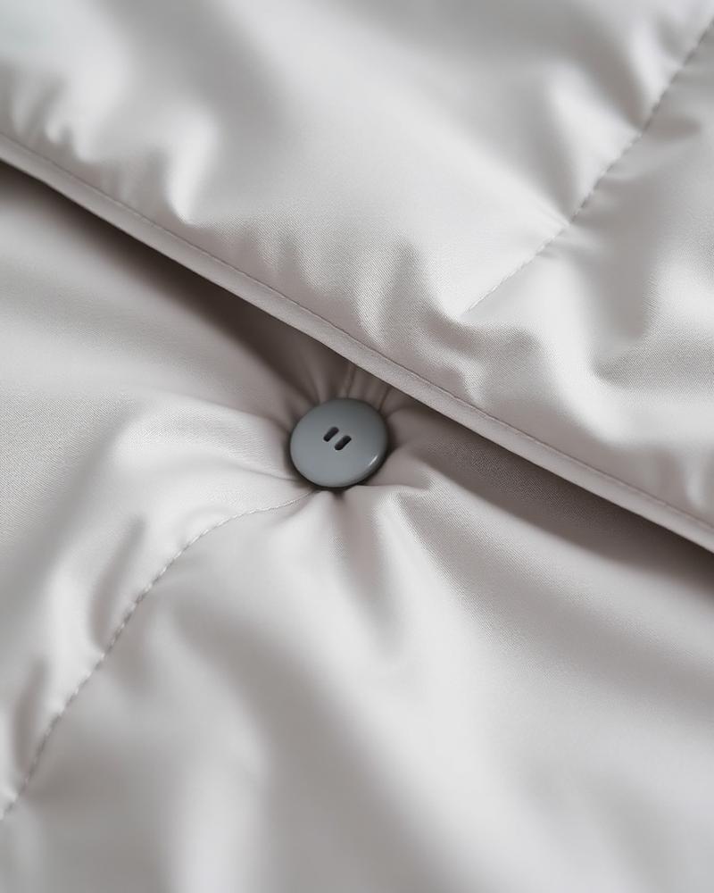 Close-up mist grey sateen duvet button detail