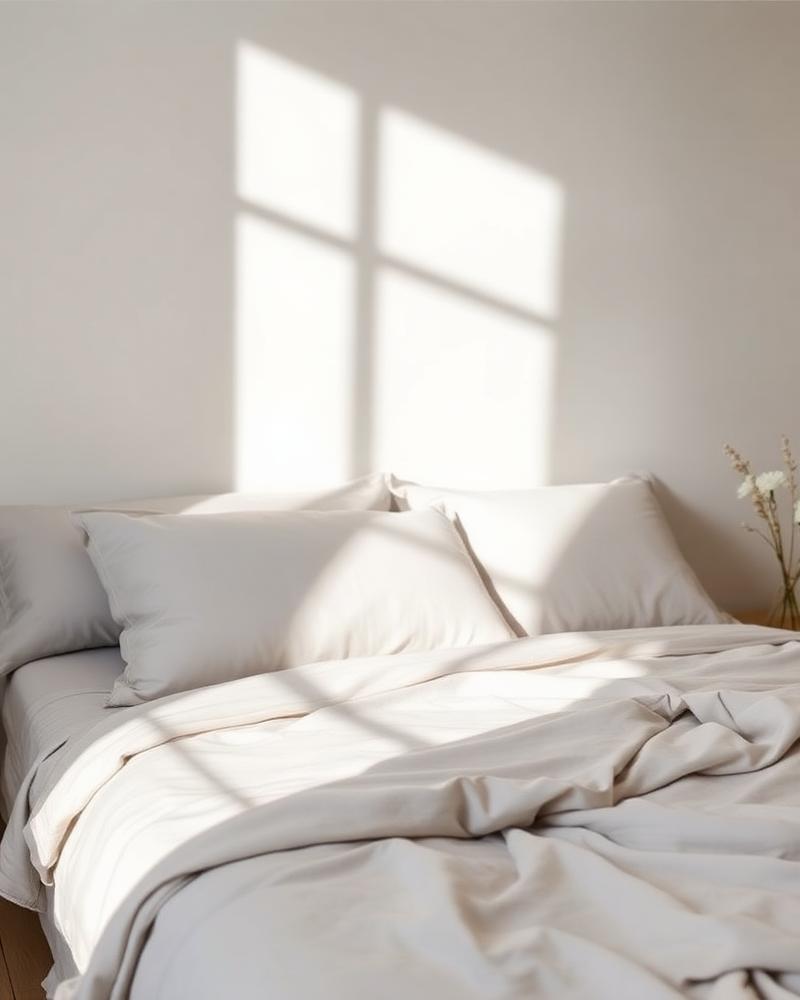 Sateen Bed Sheet Set in Mist Grey on bed